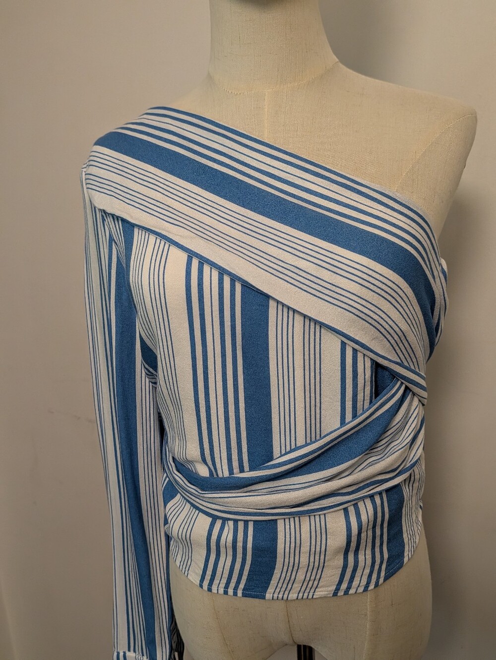 NEVER WORN blue/white striped one shoulder blouse